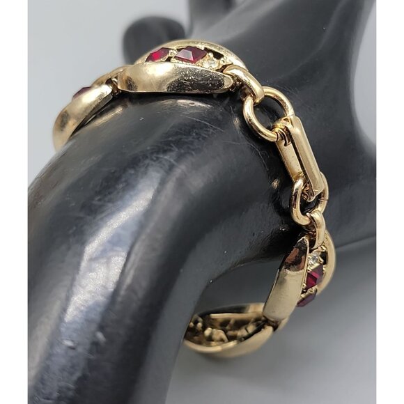 Gold Plated Oval Link Rhinestone Tennis Bracelet Red & Clear Glass Stones SZ 7 - Picture 2 of 12